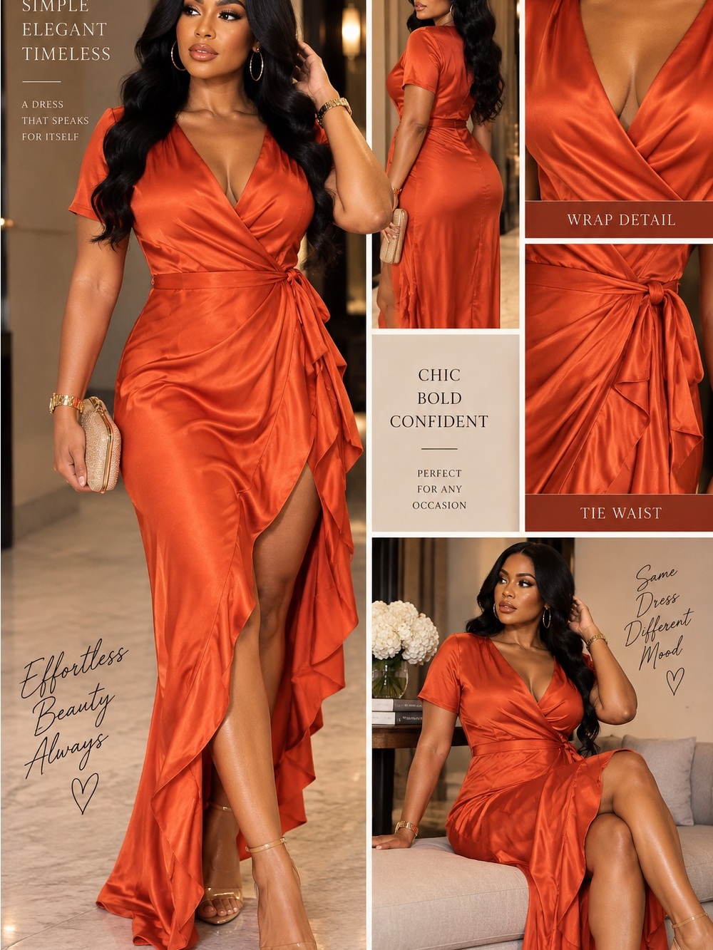 ASOS Satin Wrap Maxi Dress in Burnt Orange